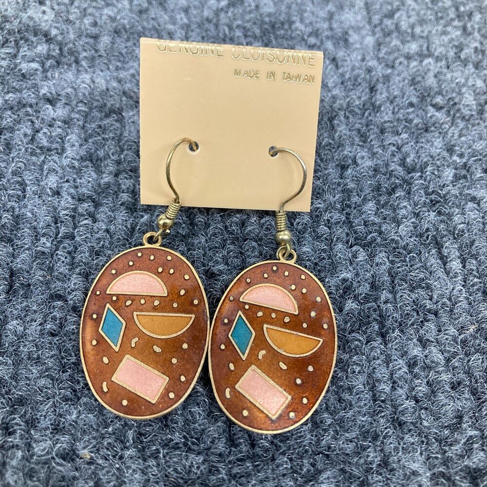 Vintage Genuine Cloisonne Dangle Earrings Made in Taiwan Brown Gold Tone